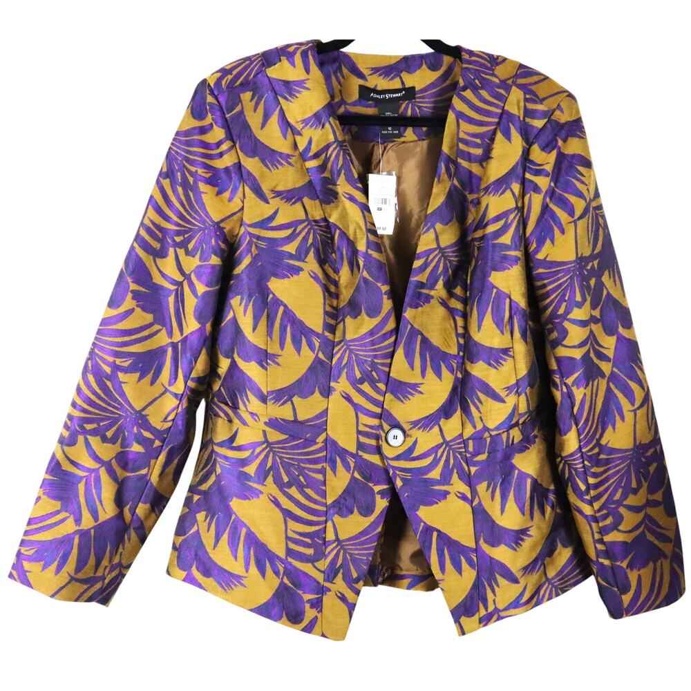 NWT Ashley Stewart Tropical Blazer Jacket Palm Trees Purple Gold Womens 12